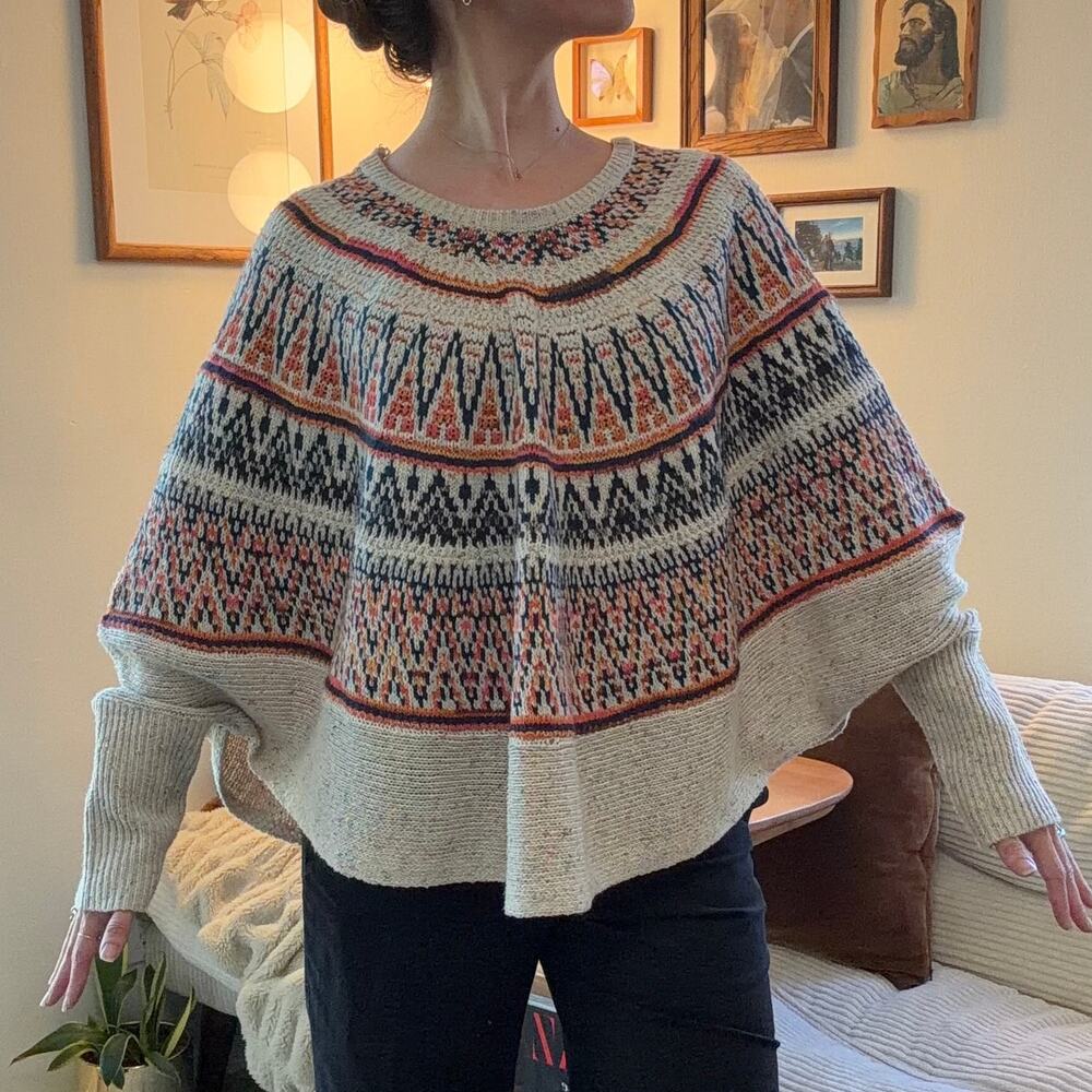 Michelle Nicole Wool Fair Isle Poncho Sweater Tweed Knit Size S